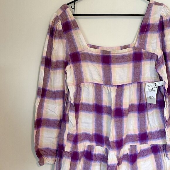 NWT BP by Nordstrom Cream + Purple Plaid Long Sleeve Square Neck Mini Dress - S - Picture 5 of 7